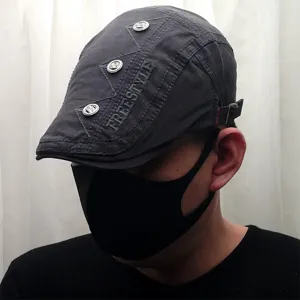Men women dark grey retro beret hat stylish metal buckle embroidery casual flat cap main