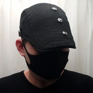 Black cotton flat cap retro ivy newsboy hat for men and women british style beret with metal rivets.