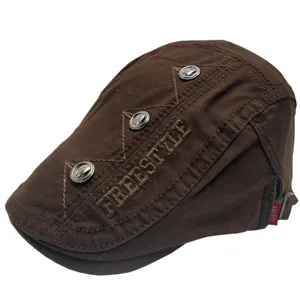 Brown cotton ivy cap for men and women, retro embroidered flat beret with metal buttons and strap.