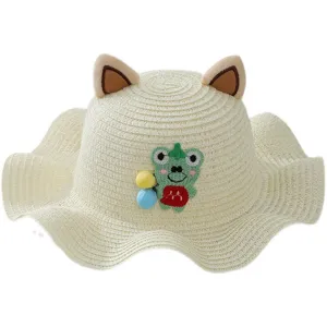 Cute children straw hat summer sun protection cap with cat ears and cartoon frog design