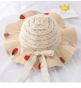 Cappello di paglia estivo per bambini carino fiocco in pizzo cappello da sole traspirante