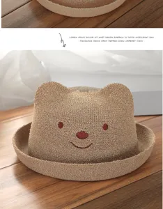Sombrero de sol de paja para bebé con orejas de oso, sombrero de pescador de verano transpirable.