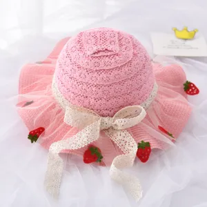 Cappello di Paglia Estivo per Bambini Carino Fragola Pizzo Fiocco Cappello da Sole Traspirante Tesa Larga Spiaggia