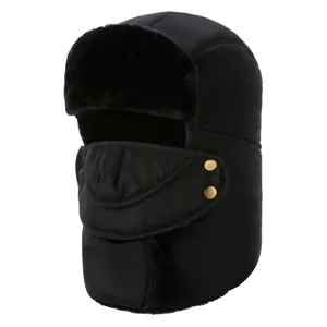 Winter black thermal ushanka hat with ear flaps and face mask for outdoor cold weather riding