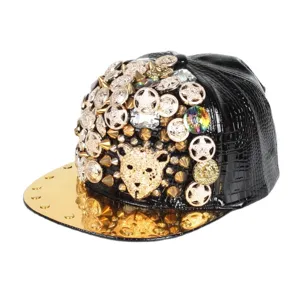 Gorra de Béisbol Remaches Punk Cabeza de Leopardo Cuero Artificial Negro Snapback Unisex Hip Hop Streetwear