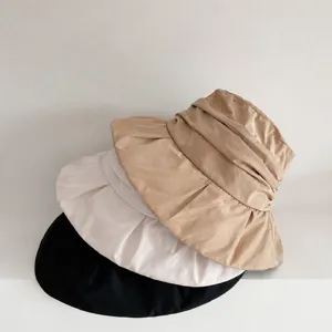 Women Casual Pleated Bucket Hat Cotton Sun Protection Solid Color Basin Hat Outdoor Travel Fashion Fisherman Cap
