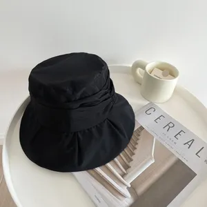 Japanese style casual pleated bucket hat, black sun protection basin hat for spring and summer.