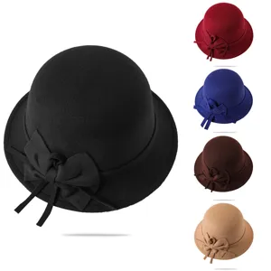 Women Fashion British Wide Brim Fedora Warm Felt Bucket Hat Elegant Bow Solid Color Casual Travel Outdoor Sun Hat