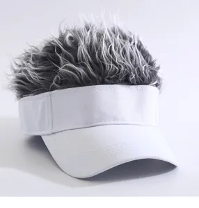 Funny novelty baseball cap with spiky grey fake hair wig, white sun visor hat for men and women.