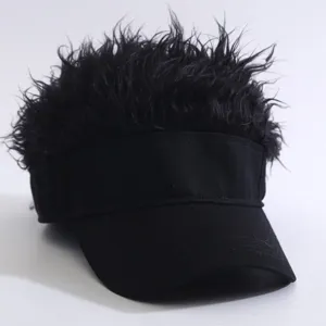 Black flair wig baseball cap for men and women, fun spiked hair sun visor hat detail.