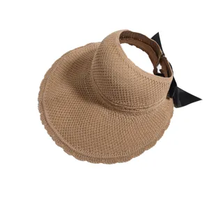 Women's Summer Straw Sun Visor Hat Wide Brim Empty Top Beach Cap With Bowknot UV Protection Casual Headwear