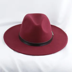 Γυναικείο μάλλινο καπέλο fedora κόκκινο κρασί φαρδύ γείσο vintage στυλ χειμώνας μόδα