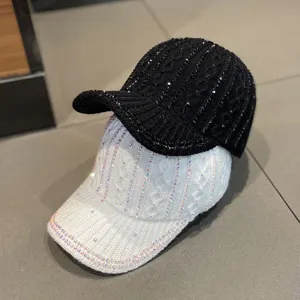 Casquette de baseball en tricot strass style chaud hiver noir blanc tendance chic