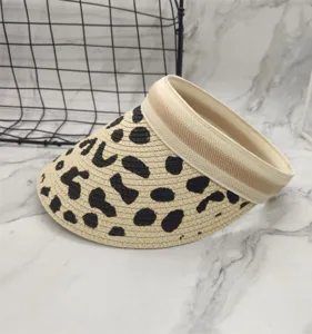 Summer straw sun visor empty top hat with animal print breathable beach hat stylish headwear