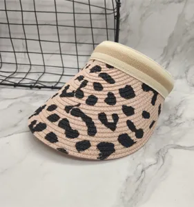 Leopard print straw sun visor hat, summer empty top beach cap with wide headband for women.