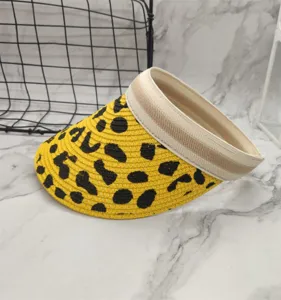 Yellow leopard print straw visor hat summer sun hat with comfortable wide headband detail.