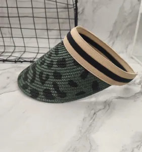 Green straw sun visor hat with black leopard print and striped band for women summer outdoor.
