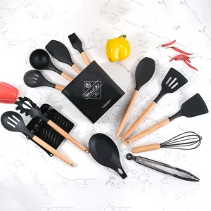 Siliconen Keukengerei Set Houten Handvat Kookspatel Lepels Gereedschap Met Opbergemmer Keuken Accessoires