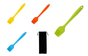 Silicone basting brush set with 4 colorful pastry brushes and black storage bag for kitchen use.