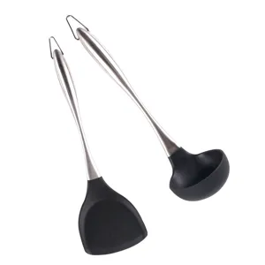 Silicone kitchen spatula and soup ladle set with durable stainless steel handles for cooking.