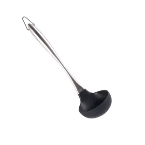 Stainless steel handle silicone soup ladle kitchen tool detail, durable non-stick cookware item.
