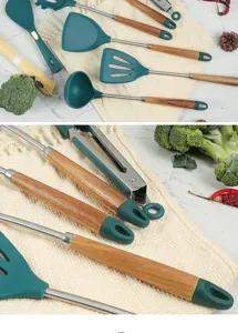 Juego de utensilios de cocina de silicona con mangos de madera espátulas resistentes al calor