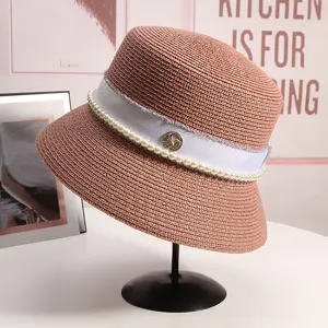 Cappello a Secchiello in Paglia Estivo da Donna Elegante Perla Strass Logo M Retro Protezione Solare Cappello da Pescatore Spiaggia