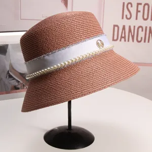 Cappello di Paglia Donna Estate Elegante Perla Cloche Cappello da Sole con M Logo