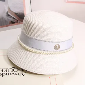Donna estate elegante cappello di paglia secchio perla strass logo M retro cloche