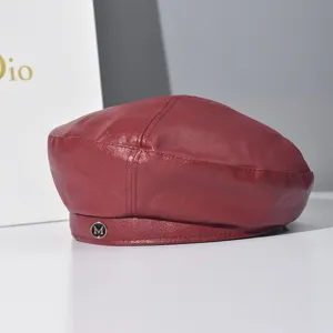 Red PU leather beret hat for women, vintage autumn winter painter hat with metal M badge.