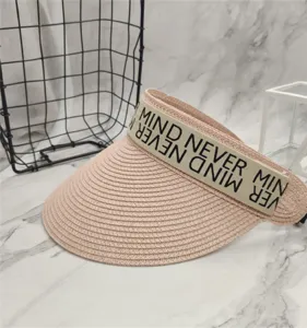Damen Sommer Stroh Sonnenblende leere Oberseite Strandhut mit Buchstaben Band UV-Schutz