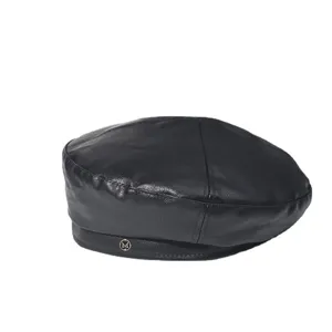 Black PU leather beret for women and men, autumn winter vintage retro painter hat with letter M.