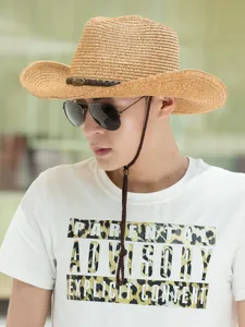 Sombrero de Paja para Hombre Verano Playa Cowboy Hat Protección UV Tejido Ala Ancha Outdoor Casual Sombrero de Sol Viaje