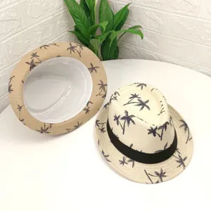Chapeau de paille Panama d'été avec motif de palmier tropical et ruban noir pour femme et homme.