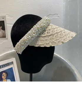 French elegant pearl lace empty top sun visor hat for women summer vacation breathable beach cap