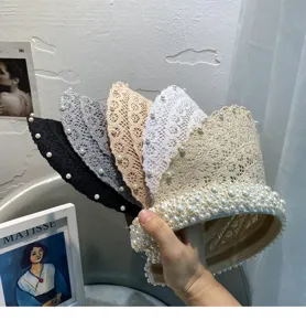 French elegant breathable pearl lace empty-top hat women summer sun visor sun hat