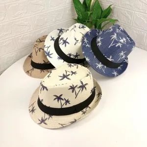 Chapeau paille Fedora été imprimé palmiers bande noire, chapeau soleil plage femme et homme.