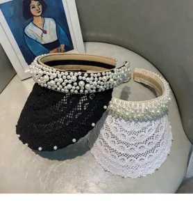 Elegant pearl lace empty top sun hat for women, breathable summer visor for vacation.