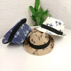 Chapeau fedora en paille d'ete motif de palmier et bande noire, chapeau de plage casual