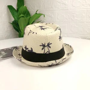 Chapeau de paille d'été motif palmier, fedora classique chapeau de soleil de plage unisexe.