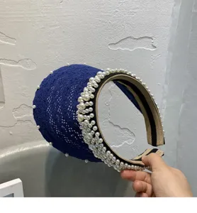 Breathable pearl lace empty top sun hat French elegant blue visor for women summer travel outdoor