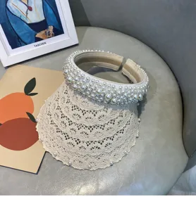 Elegant French pearl lace empty-top sun hat for women, breathable summer beach vacation visor.