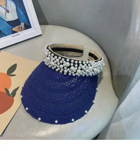 Elegant pearl lace empty top sun visor for women, breathable wide brim summer beach hat.