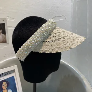 French elegant breathable pearl lace empty top sun visor hat for women travel vacation beach