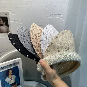 French elegant lace pearl empty top sun hat for women summer outdoor beach vacation.
