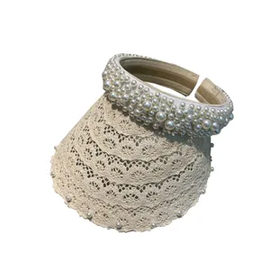 French style pearl lace empty top sun hat, elegant breathable beach sun visor for women.