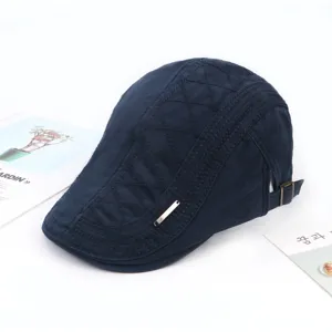 Classic navy blue flat cap for men, stylish quilted cotton beret with metal tag, spring autumn.
