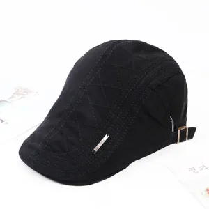 Men's black flat cap with diamond stitching, adjustable strap, casual ivy beret for autumn.