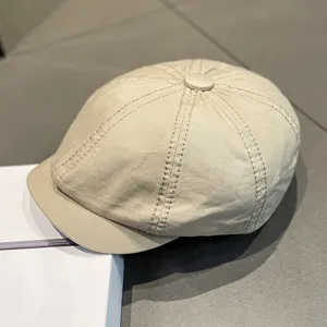 Classic retro canvas newsboy cap detail, stylish octagonal hat for autumn and winter daily wear.
