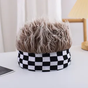 Enfants drôle perruque chapeau noir et blanc carreaux tricot bonnet tendance danse de rue